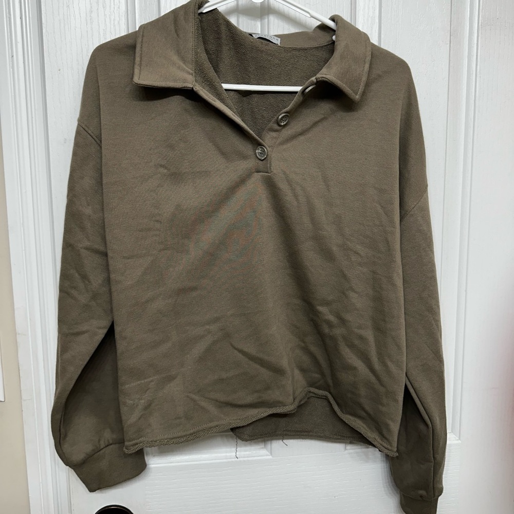 Brownish-greenish Cropped Polo Long Sleeve